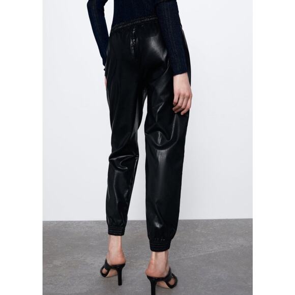 Zara Black Faux Leather Joggers Womens XS Pull On Pants Streetwear - Picture 2 of 9